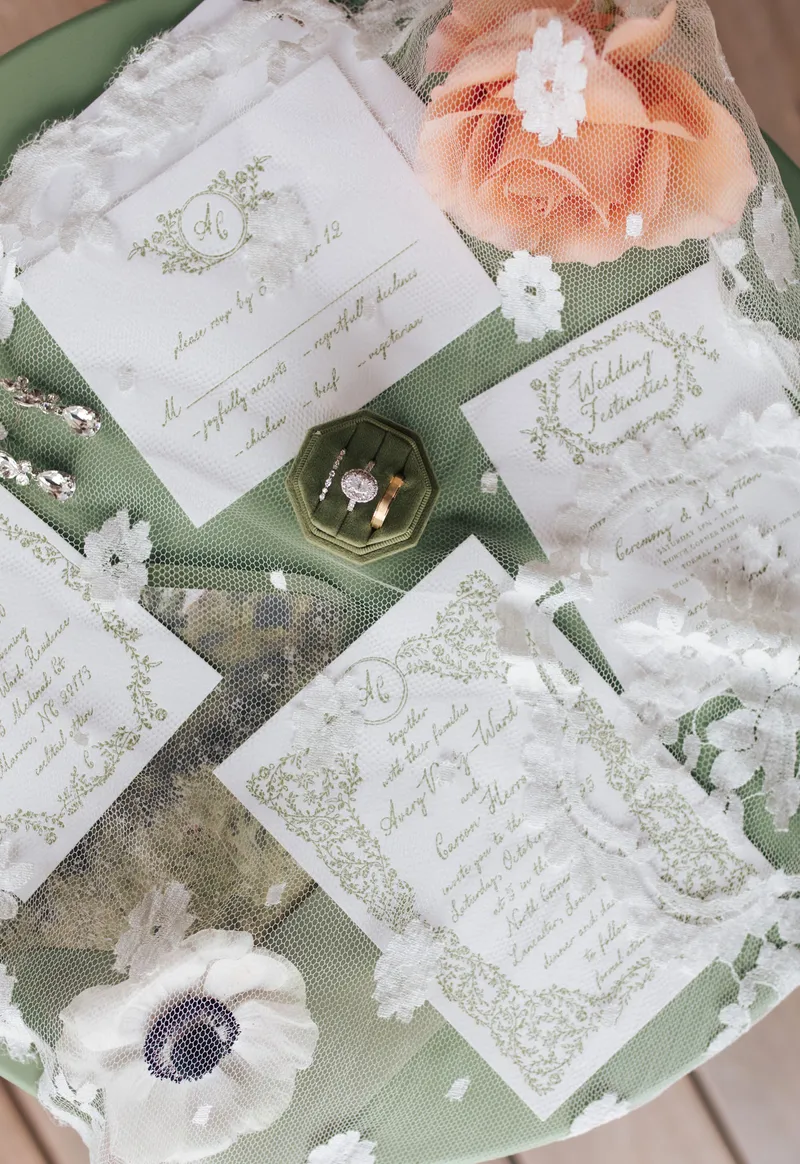 Avery and Carson's invitation suite on sage linen with garden roses, anemones and the ring box